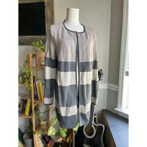Talbots Gray and Beige Striped Open Front Merino Wool Cardigan Size Large